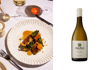 Pair of photos, one showing a dish at a restaurant and one showing a bottle of wine