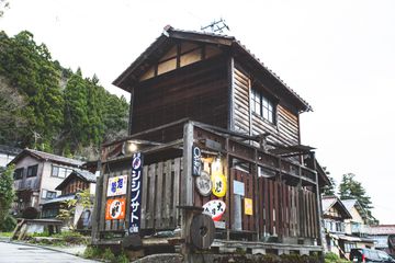 Wooden exterior of Engawa bar in Yamanaka Onsen, Japan.