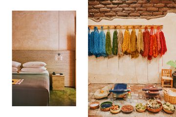 Pair of photos from Mexico, one showing a hotel guest room, and one showing colorfully dyed yarn hanging from hooks on a wall