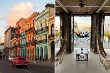 A pair of photos one showing a stree in Havana and the other cocktails on a terrace.