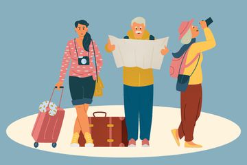An illustration of a younger woman and elderly couple in an airport With Suitcases 