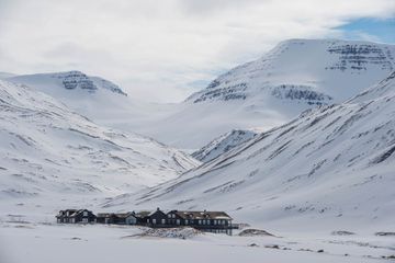 Exterior of the cottages at Deplar Farms in Iceland during the wintertime