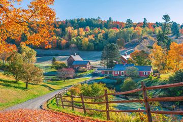 An early autumn foliage scene of houses in Woodstock, Vermont mountains