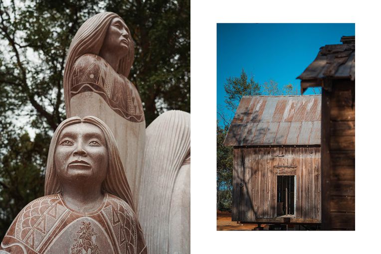 Three Sisters, by Cliff Fragua and a "dwelling" structure at Freedom Monument Sculpture Park in Montgomery, Alabama 