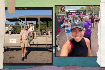 A man and a woman in front of a safari truck in Botswana; a woman taking a selfie at the London Marathon 