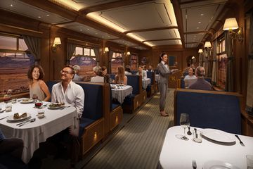 Interior of the Royal Railway restaurant on board the Utopia of the Seas 