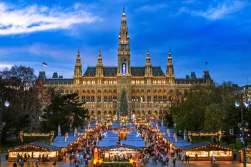 Aerial view of the Christmas Market Vienna, traditional market at Vienna Town Hall in December