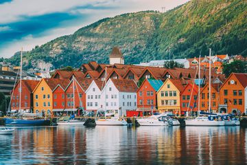 Colorful houses and boats at the wharf in Bergen, Norway