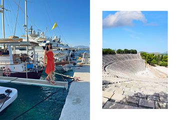 Pair of photos from Greece, one showing a woman disembarking a yacht and one showing an ancient amphitheater