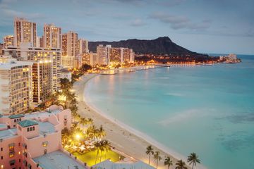 The quintessential view of Waikiki, Hawaii -- luxury hotels, the beach, and Diamond Head.