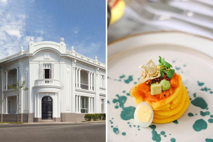 A pair of photos one showing a hotel exterior and the other a food dish.