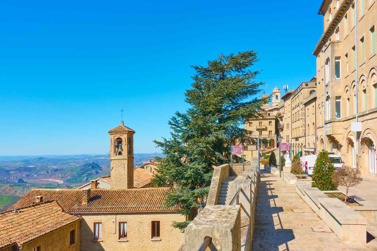 View of San Marino with street and bell tower, The Respublic of San Marino. Landscape, cityscape