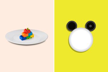 A pair of illustrations one showing legos on a white plate and the other Mickey Mouse ears on top of a plate.