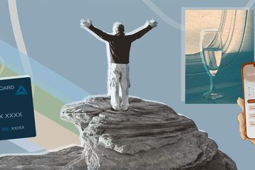 A collage with elements of travel like airplanes, credit cards, destinations and booking apps