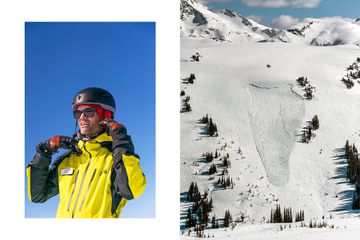 Ski guide Jamie Selda wearing a yellow and black jacket against a blue sky