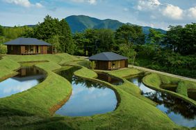 View of rice terraces surrounding a resort in Japan