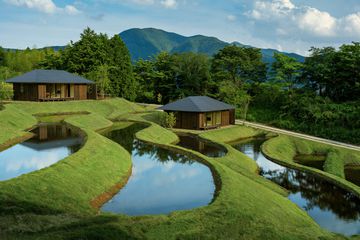 View of rice terraces surrounding a resort in Japan