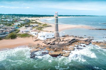 View of lighthouse in La Paloma city, drone point of view, Rocha department, Uruguay