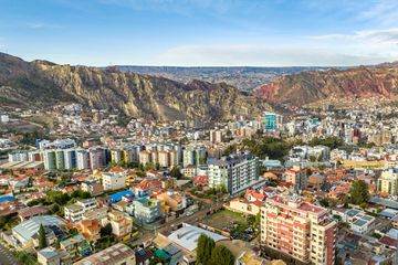 La Paz, Bolivia, aerial view flying over the dense, urban cityscape