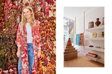 Pair of photos, one showing a portrait of designer Lucy Folk, and one showing the interior of her shop
