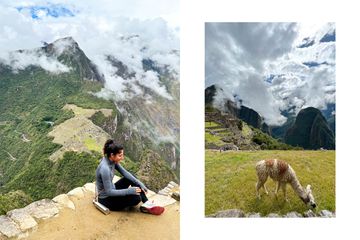Author sits during hike at high elevation at cloud level in Machu Picchu and a llama grazing 