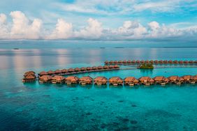 Aerial drone view of luxury resort in Maldives