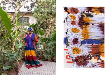 A woman poses on a colorful dress in a backyard; fabrics being dyed multiple colors