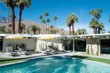 The pool area of a mid-century modern house in Palm Springs