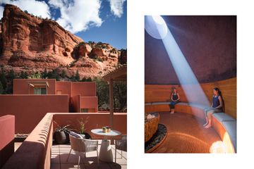 A outdoor dining area with mountainside view, two women sit and meditate