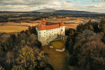 Aerial view of the Mokrica Castle in Slovenia, on a late fall day
