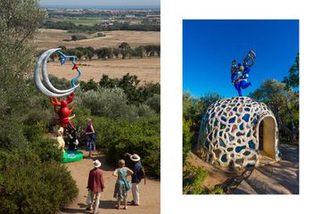 Pair of photos showing large scale sculptures at a garden in Italy