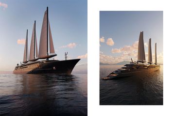 Renderings of Orient Express yacht with sails, seen from exterior on water