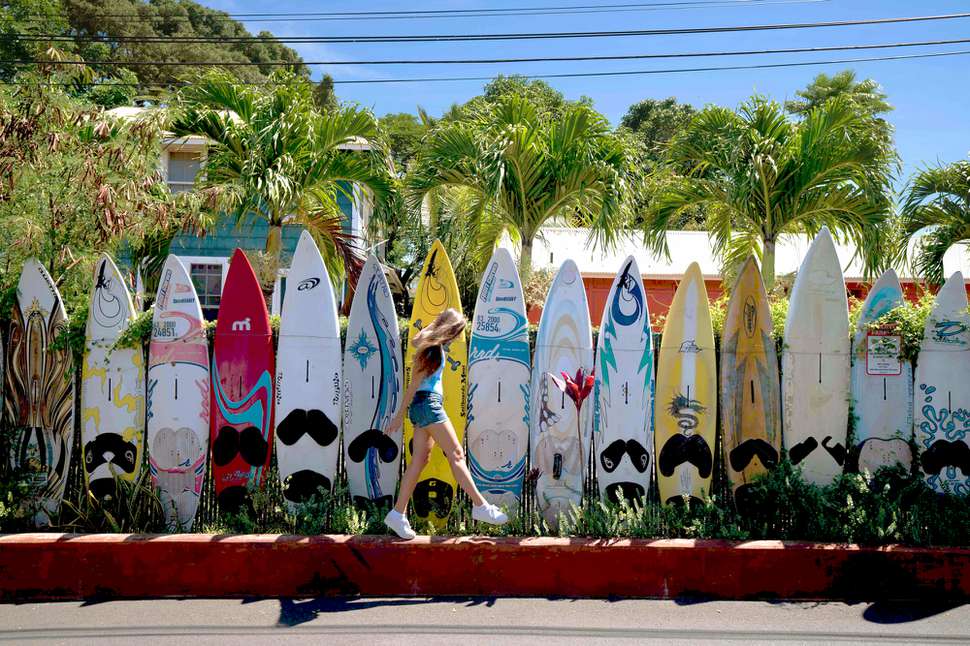 Surfboards lined up in Paia, Hawaii