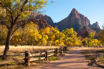 Pa'rus trail autumn colors rustic fence Zion National Park Utah