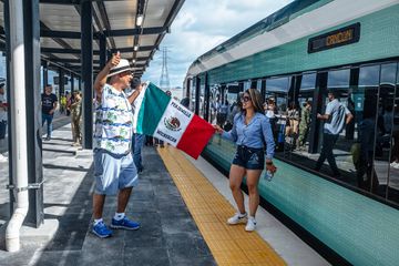 Passengers before boarding the Maya Train at the Merida-Teya station in Teya