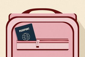 Illustration showing a passport inside a carry on suitcase pocket 
