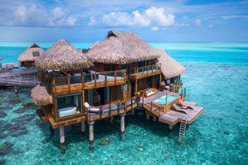 Aerial view of Presidential Overwater Villa at Conrad Bora Bora Nui 