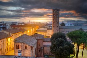Ravenna, Italy old historic skyline with the Basilica of Sant'Apollinare Nuovo bell tower.