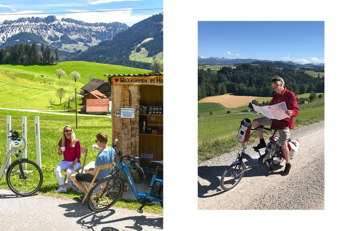 Pair of photos from an ebike route in Switzerland, one showing a rest stop, and one showing the route's founder on a bike looking at a map