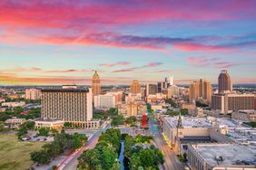 Skyline view of San Antonio, Texas during a colorful sunset