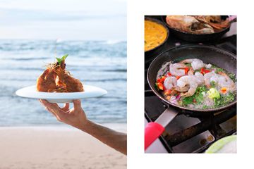 Pair of photos from Costa Rica, showing a plated shrimp dish, and shrimp cooking in a skillet
