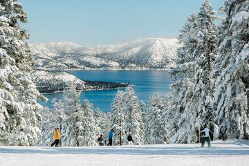 Skiing with view of Lake Tahoe