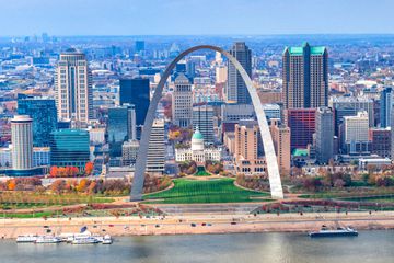 The skyline of St. Louis, Missouri with the famed Gateway Arch along the Mississippi River