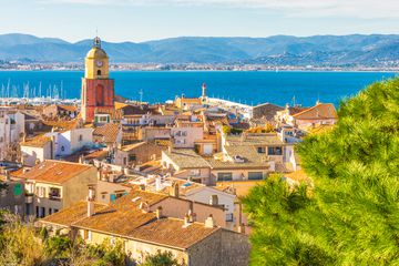 Overview of the city of Saint Tropez with its singular bell tower, CÃ´te d'Azur, France