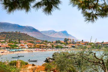 view of Stoupa beach, located in Messinia, Greece