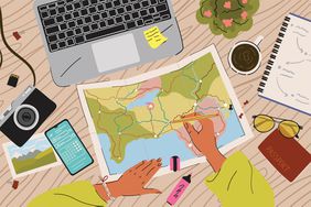 Travel concept illustration of a woman planning a trip