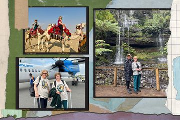 Sandy Hazelip and Ellie Hamby riding camels, in front of an airplane and waterfall