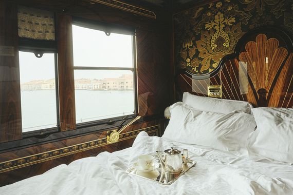 Interior of a luxury train cabin on the Venice Simplon Orient Express