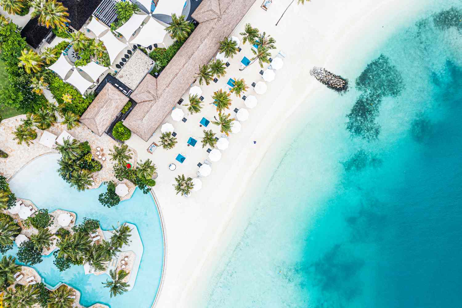Aerial view of the Waldorf Maldives Ithaafushi Resort