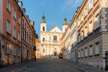 Catholic church in Warsaw old town on a sunny morning, Poland 